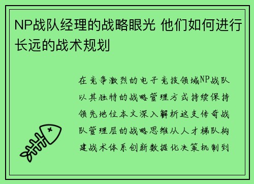 NP战队经理的战略眼光 他们如何进行长远的战术规划