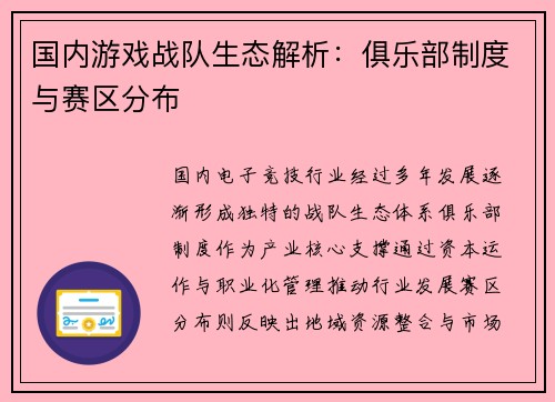 国内游戏战队生态解析：俱乐部制度与赛区分布