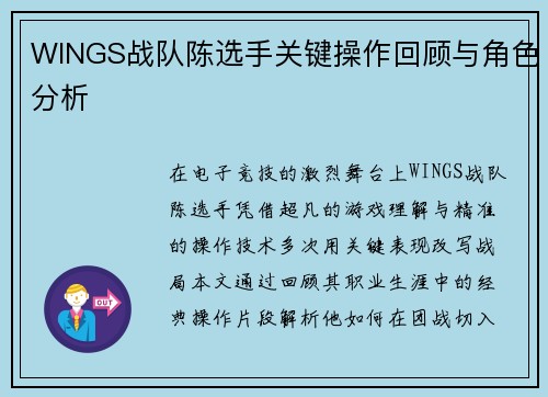 WINGS战队陈选手关键操作回顾与角色分析