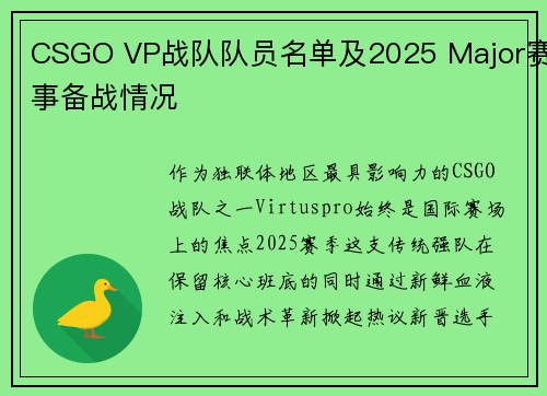 CSGO VP战队队员名单及2025 Major赛事备战情况